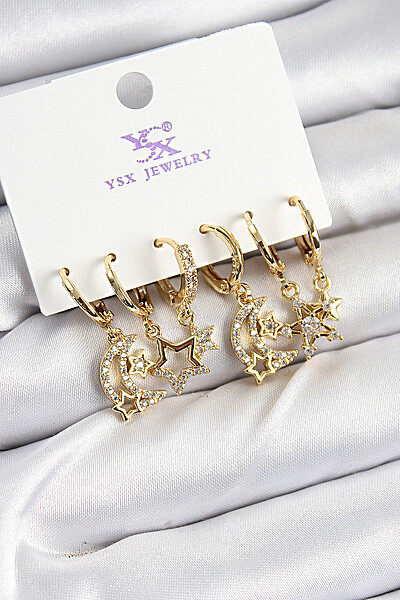 Pirinç Zi̇rkon Taşlı Ay Ve Yıldız Model Gold Renk 3'lü çift Kadın Küpe Pirinç Zi̇rkon Taşlı Ay Ve Yıldız Model Gold Renk 3'lü çift Kadın Küpe