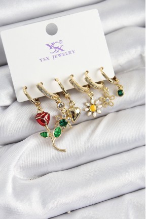Pirinç Zi̇rkon Taşlı Gül Ve Papatya Model Gold Renk 3'lü çift Kadın Küpe Pirinç Zi̇rkon Taşlı Gül Ve Papatya Model Gold Renk 3'lü çift Kadın Küpe