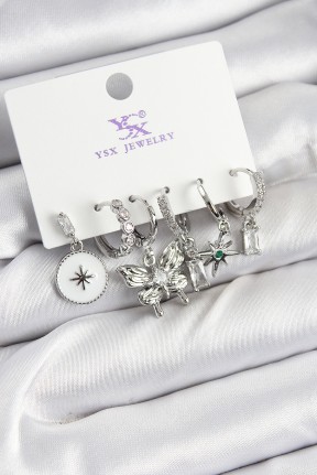 Pirinç Zi̇rkon Taşlı Kelebek Ve Yıldız Model Gümüş Renk 3'lü çift Kadın Küpe Pirinç Zi̇rkon Taşlı Kelebek Ve Yıldız Model Gümüş Renk 3'lü çift Kadın Küpe