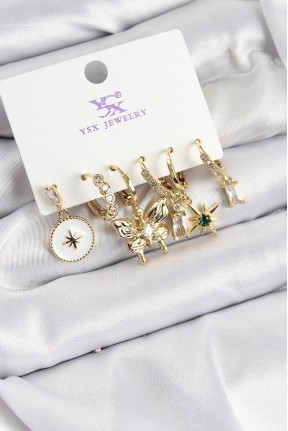 Pirinç Zi̇rkon Taşlı Kelebek Ve Yıldız Model Gold Renk 3'lü çift Kadın Küpe Pirinç Zi̇rkon Taşlı Kelebek Ve Yıldız Model Gold Renk 3'lü çift Kadın Küpe