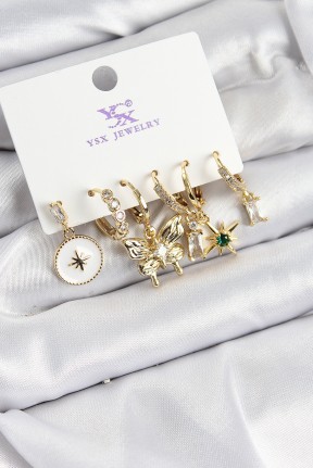 Pirinç Zi̇rkon Taşlı Kelebek Ve Yıldız Model Gold Renk 3'lü çift Kadın Küpe Pirinç Zi̇rkon Taşlı Kelebek Ve Yıldız Model Gold Renk 3'lü çift Kadın Küpe