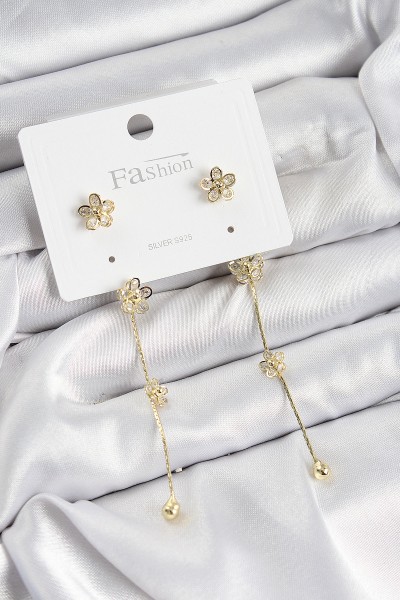 Pirinç Zirkon Taşlı Sallantılı çiçek Model Gold Renk 925 Ayar Gümüş çivi Kadın Küpe Pirinç Zirkon Taşlı Sallantılı çiçek Model Gold Renk 925 Ayar Gümüş çivi Kadın Küpe