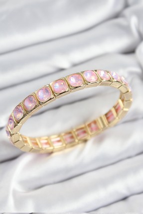Pirinç Pembe Zirkon Taşlı Kare Model Gold Renk Lastikli Kadın Bileklik
