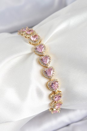 Pirinç Zirkon Taşlı Pembe Kalp Baget Model Gold Renk Vip Seri Kadın Bileklik Pirinç Zirkon Taşlı Pembe Kalp Baget Model Gold Renk Vip Seri Kadın Bileklik