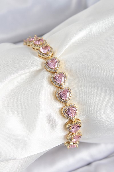 Pirinç Zirkon Taşlı Pembe Kalp Baget Model Gold Renk Vip Seri Kadın Bileklik Pirinç Zirkon Taşlı Pembe Kalp Baget Model Gold Renk Vip Seri Kadın Bileklik