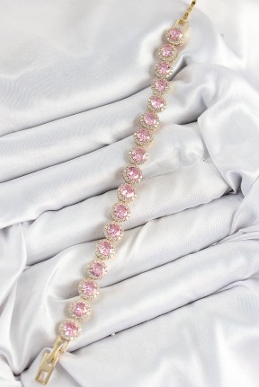 Pirinç Pembe Zirkon Taşlı Daire Baget Model Gold Renk Vip Seri Kadın Bileklik Pirinç Pembe Zirkon Taşlı Daire Baget Model Gold Renk Vip Seri Kadın Bileklik
