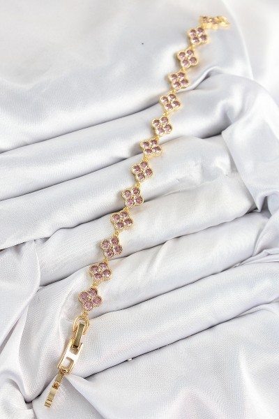Pirinç Pembe Zirkon Taşlı Yonca Model Gold Renk Vip Seri Kadın Bileklik Pirinç Pembe Zirkon Taşlı Yonca Model Gold Renk Vip Seri Kadın Bileklik