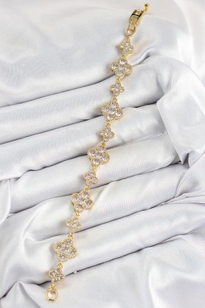 Pirinç Zirkon Taşlı Yonca Model Gold Renk Vip Seri Kadın Bileklik Pirinç Zirkon Taşlı Yonca Model Gold Renk Vip Seri Kadın Bileklik