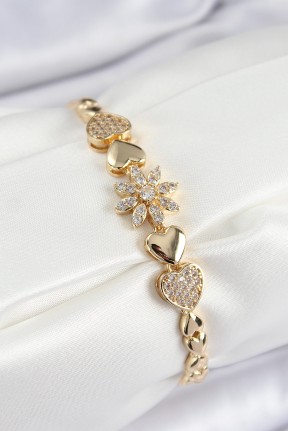 Pirinç Zirkon Taşlı Kalp Detaylı çiçek Model Gold Renk Kadın Bileklik Pirinç Zirkon Taşlı Kalp Detaylı çiçek Model Gold Renk Kadın Bileklik