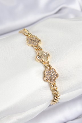 Pirinç Zirkon Taşlı Yonca Model Gold Renk Kadın Bileklik Pirinç Zirkon Taşlı Yonca Model Gold Renk Kadın Bileklik