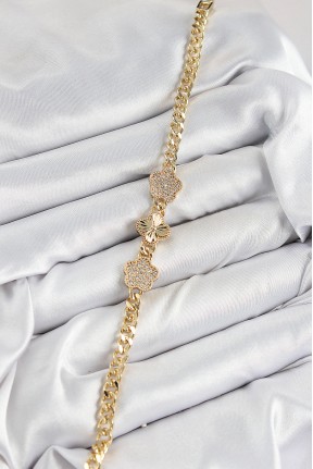 Pirinç Zirkon Taşlı Yonca Model Gold Renk Kadın Bileklik Pirinç Zirkon Taşlı Yonca Model Gold Renk Kadın Bileklik