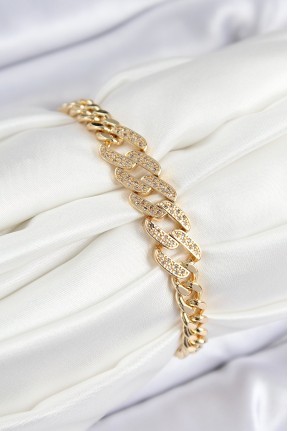 Pirinç Zirkon Taşlı Ezme Küba Zincir Model Gold Renk Kadın Bileklik Pirinç Zirkon Taşlı Ezme Küba Zincir Model Gold Renk Kadın Bileklik