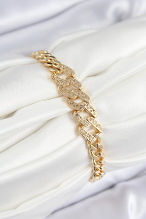 Pirinç Zirkon Taşlı Ezme Küba Zincir Model Gold Renk Kadın Bileklik Pirinç Zirkon Taşlı Ezme Küba Zincir Model Gold Renk Kadın Bileklik