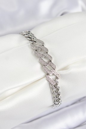 Pirinç Zirkon Taşlı Ezme Küba Zincir Model Gümüş Renk Kadın Bileklik Pirinç Zirkon Taşlı Ezme Küba Zincir Model Gümüş Renk Kadın Bileklik