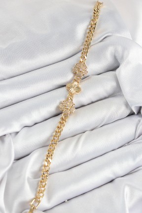 Pirinç Zirkon Taşlı Yonca Model Gold Renk Kadın Bileklik Pirinç Zirkon Taşlı Yonca Model Gold Renk Kadın Bileklik