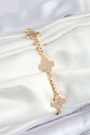 Pirinç Zirkon Taşlı Yonca Model Gold Renk Kadın Bileklik Pirinç Zirkon Taşlı Yonca Model Gold Renk Kadın Bileklik