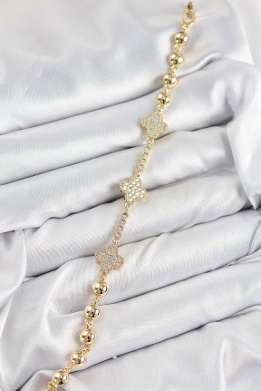 Pirinç Zirkon Taşlı Yonca Model Gold Renk Kadın Bileklik Pirinç Zirkon Taşlı Yonca Model Gold Renk Kadın Bileklik