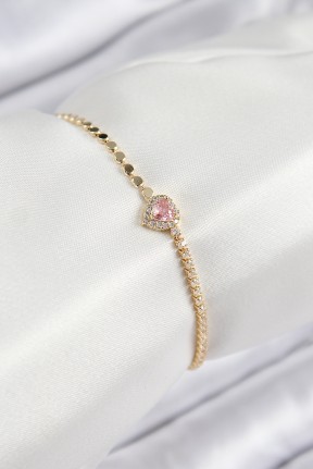 Pirinç Zirkon Taşlı Kalp Model Ezme Zincir Gold Renk Kadın Bileklik Pirinç Zirkon Taşlı Kalp Model Ezme Zincir Gold Renk Kadın Bileklik