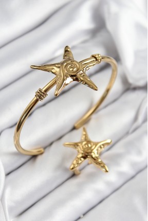 Pirinç Deniz Yıldızı Model Gold Renk Bileklik Yüzük Set Pirinç Deniz Yıldızı Model Gold Renk Bileklik Yüzük Set