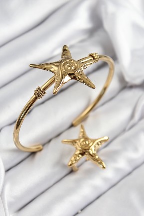 Pirinç Deniz Yıldızı Model Gold Renk Bileklik Yüzük Set Pirinç Deniz Yıldızı Model Gold Renk Bileklik Yüzük Set