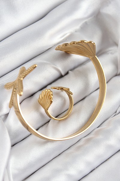 Pirinç İstiridye Ve Deniz Yıldızı Model Gold Renk Bileklik Yüzük Set Pirinç İstiridye Ve Deniz Yıldızı Model Gold Renk Bileklik Yüzük Set
