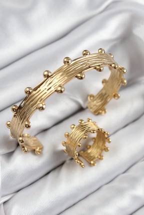 Pirinç Topcuk Model Gold Renk Bileklik Yüzük Set Pirinç Topcuk Model Gold Renk Bileklik Yüzük Set