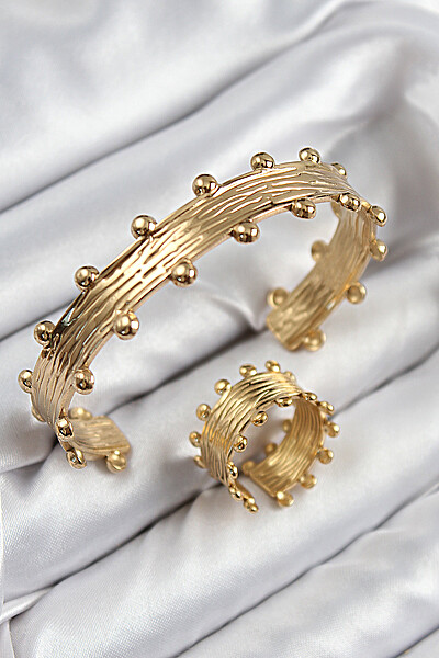 Pirinç Topcuk Model Gold Renk Bileklik Yüzük Set Pirinç Topcuk Model Gold Renk Bileklik Yüzük Set