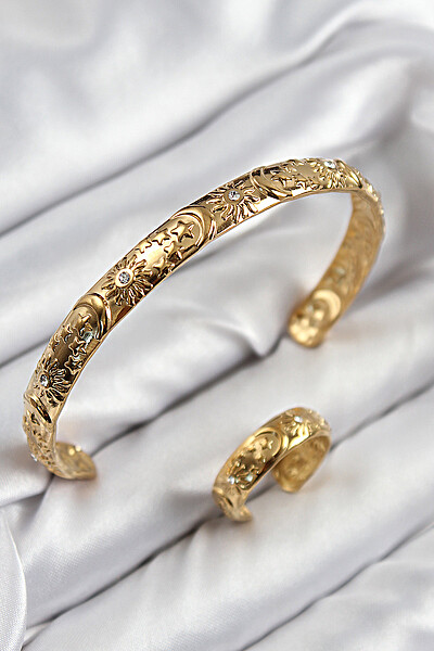 Pirinç Zirkon Taşlı Vintage Model Gold Renk Bileklik Yüzük Set Pirinç Zirkon Taşlı Vintage Model Gold Renk Bileklik Yüzük Set