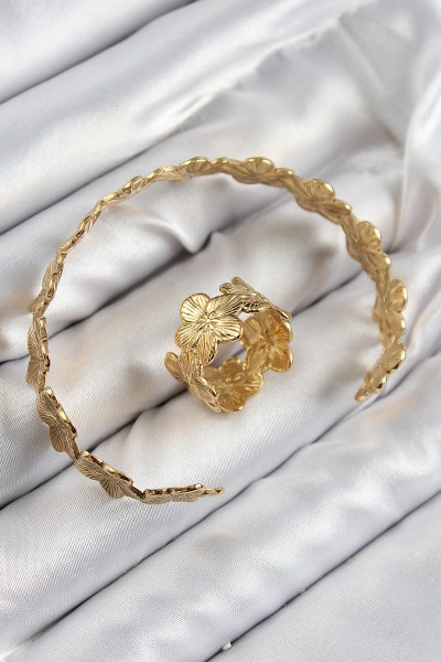 Pirinç çiçek Model Gold Renk Bileklik Yüzük Set Pirinç çiçek Model Gold Renk Bileklik Yüzük Set