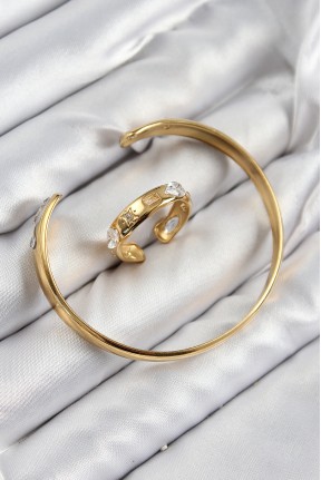 Pirinç Zirkon Taşlı Ayrık Model Gold Renk Bileklik Yüzük Set Pirinç Zirkon Taşlı Ayrık Model Gold Renk Bileklik Yüzük Set