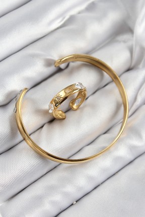 Pirinç Zirkon Taşlı Ayrık Model Gold Renk Bileklik Yüzük Set Pirinç Zirkon Taşlı Ayrık Model Gold Renk Bileklik Yüzük Set
