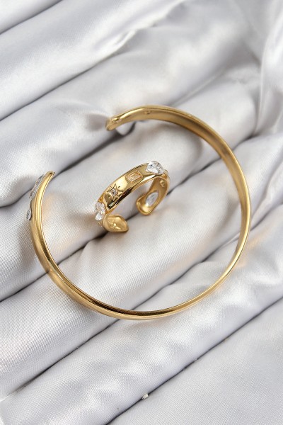 Pirinç Zirkon Taşlı Ayrık Model Gold Renk Bileklik Yüzük Set Pirinç Zirkon Taşlı Ayrık Model Gold Renk Bileklik Yüzük Set