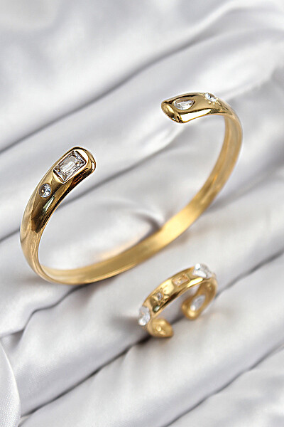 Pirinç Zirkon Taşlı Ayrık Model Gold Renk Bileklik Yüzük Set Pirinç Zirkon Taşlı Ayrık Model Gold Renk Bileklik Yüzük Set