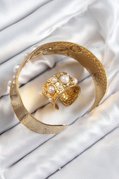 Pirinç İncili Model Gold Renk Bileklik Yüzük Set Pirinç İncili Model Gold Renk Bileklik Yüzük Set
