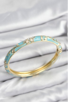 Mineli Pirinç Zirkon Taşlı Turkuaz çiçek Motifli Gold Kadın Kelepçe