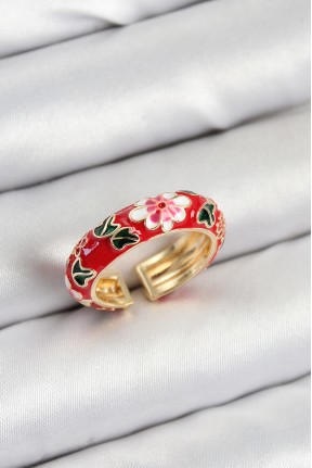 Pirinç Kırmızı Mineli çiçek Motifli Gold Renk Ayarlanabilir Kadın Yüzük Pirinç Kırmızı Mineli çiçek Motifli Gold Renk Ayarlanabilir Kadın Yüzük