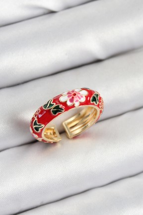 Pirinç Kırmızı Mineli çiçek Motifli Gold Renk Ayarlanabilir Kadın Yüzük Pirinç Kırmızı Mineli çiçek Motifli Gold Renk Ayarlanabilir Kadın Yüzük