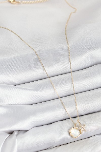 Pirinç Zirkon Taşlı İstiridye Ve Deniz Yıldızı Model Gold Renk Kadın Kolye Pirinç Zirkon Taşlı İstiridye Ve Deniz Yıldızı Model Gold Renk Kadın Kolye