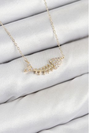 Pirinç Zirkon Taşlı Balık Kılçığı Model Gold Renk Kadın Kolye Pirinç Zirkon Taşlı Balık Kılçığı Model Gold Renk Kadın Kolye