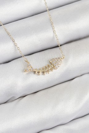 Pirinç Zirkon Taşlı Balık Kılçığı Model Gold Renk Kadın Kolye Pirinç Zirkon Taşlı Balık Kılçığı Model Gold Renk Kadın Kolye