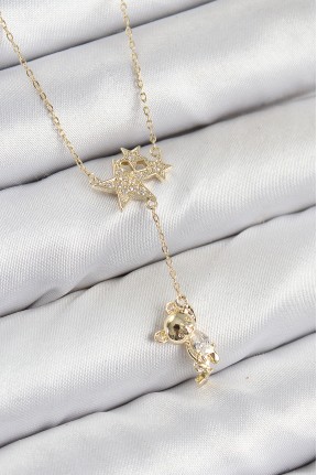 Pirinç Zirkon Taşlı Sallantılı Ayıcıklı Yıldız Model Gold Renk Kadın Kolye Pirinç Zirkon Taşlı Sallantılı Ayıcıklı Yıldız Model Gold Renk Kadın Kolye