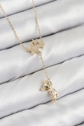 Pirinç Zirkon Taşlı Sallantılı Ayıcıklı Yıldız Model Gold Renk Kadın Kolye Pirinç Zirkon Taşlı Sallantılı Ayıcıklı Yıldız Model Gold Renk Kadın Kolye
