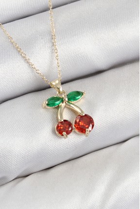 Pirinç Zirkon Taşlı Kiraz Model Gold Renk Kadın Kolye Pirinç Zirkon Taşlı Kiraz Model Gold Renk Kadın Kolye