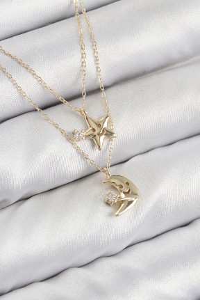 Pirinç Zirkon Taşlı Yıldız Ve Ay Model Gold Renk Kadın Kolye Pirinç Zirkon Taşlı Yıldız Ve Ay Model Gold Renk Kadın Kolye