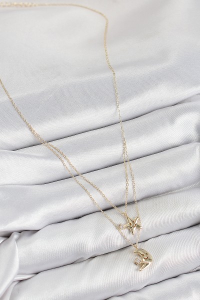 Pirinç Zirkon Taşlı Yıldız Ve Ay Model Gold Renk Kadın Kolye Pirinç Zirkon Taşlı Yıldız Ve Ay Model Gold Renk Kadın Kolye
