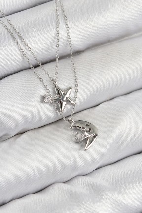 Pirinç Zirkon Taşlı Yıldız Ve Ay Model Gümüş Renk Kadın Kolye Pirinç Zirkon Taşlı Yıldız Ve Ay Model Gümüş Renk Kadın Kolye