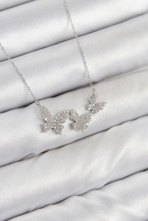 Pirinç Zirkon Taşlı Kelebek Model Gümüş Renk Kadın Kolye Pirinç Zirkon Taşlı Kelebek Model Gümüş Renk Kadın Kolye