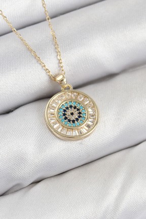 Pirinç Zirkon Taşlı Su Yolu Nazar Model Gold Renk Kadın Kolye Pirinç Zirkon Taşlı Su Yolu Nazar Model Gold Renk Kadın Kolye