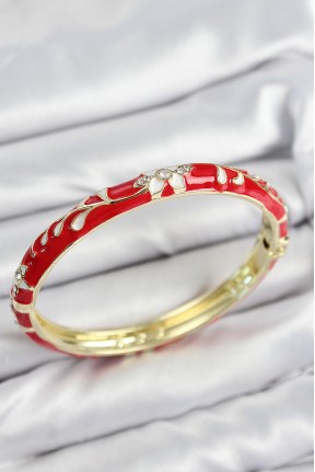 Mineli Pirinç Zirkon Taşlı Kırmızı çiçek Motifli Gold Kadın Kelepçe Mineli Pirinç Zirkon Taşlı Kırmızı çiçek Motifli Gold Kadın Kelepçe