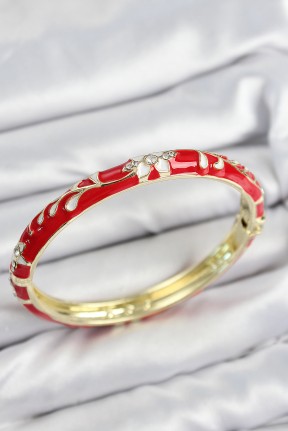 Mineli Pirinç Zirkon Taşlı Kırmızı çiçek Motifli Gold Kadın Kelepçe Mineli Pirinç Zirkon Taşlı Kırmızı çiçek Motifli Gold Kadın Kelepçe